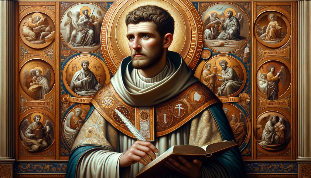 Agostino, iconografia classica resa realisticamente, con background di riferimenti manicheisti.